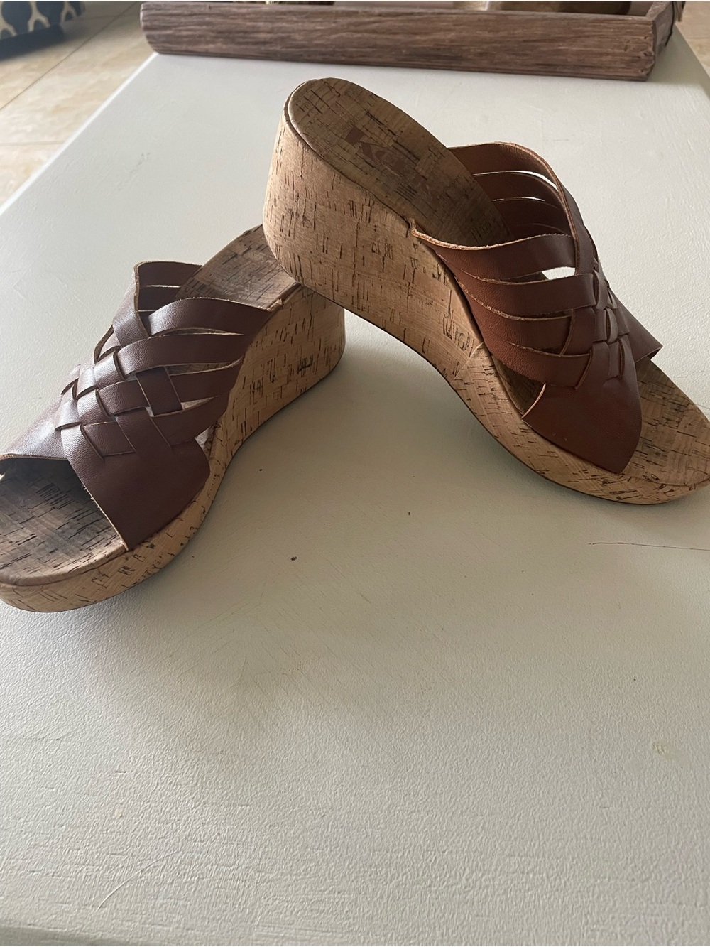 Kork-Ease Brown Woven Leather Cork Wedge Slides